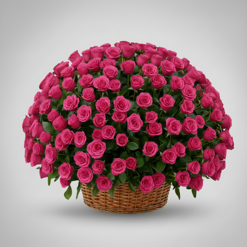 A large basket arrangement of vibrant pink roses with green leaves, presented in a woven wicker basket against a light gray gradient background.