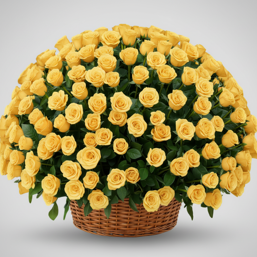 A large basket arrangement of yellow roses with green foliage, displayed in a round brown wicker basket against a light gray studio background.
