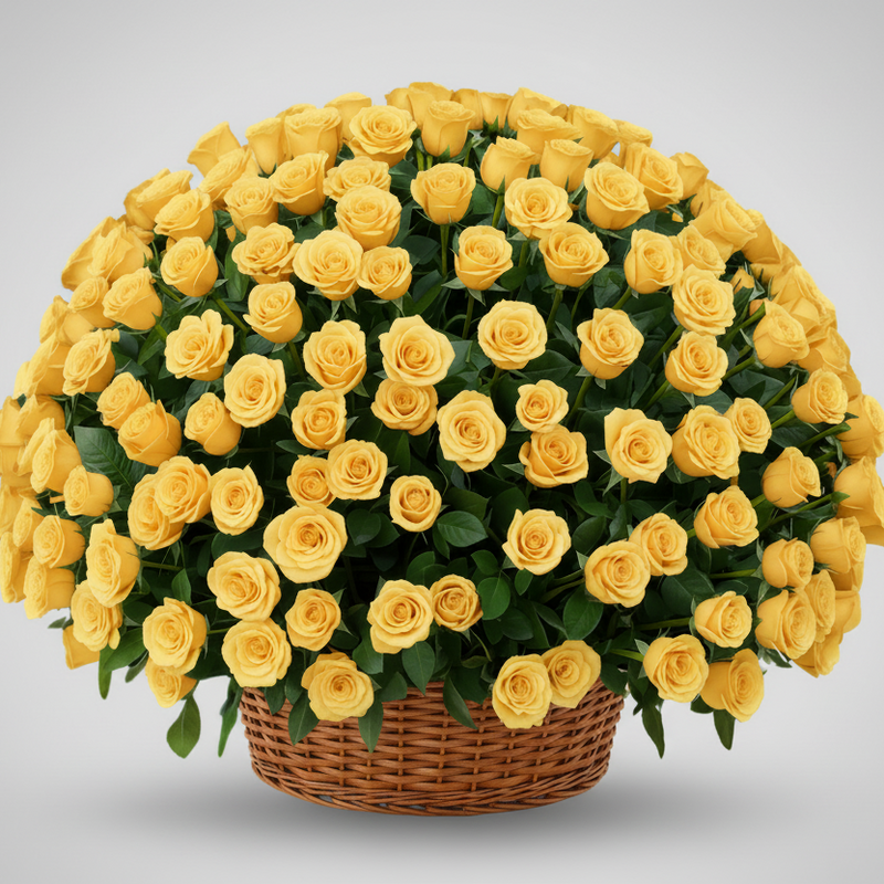 A large basket arrangement of yellow roses with green foliage, displayed in a round brown wicker basket against a light gray studio background.