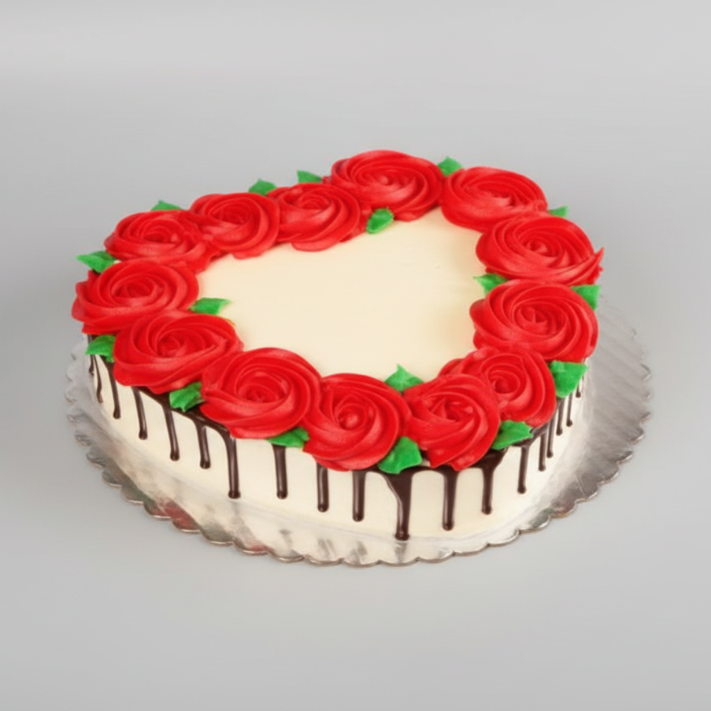 Heart-Shaped Red Rose Cake with Chocolate Drip