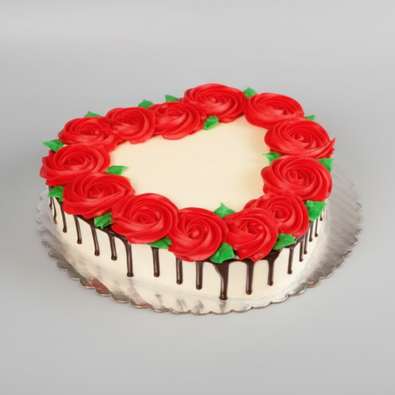 Heart-Shaped Red Rose Cake with Chocolate Drip — same-day cake delivery in Kuwait