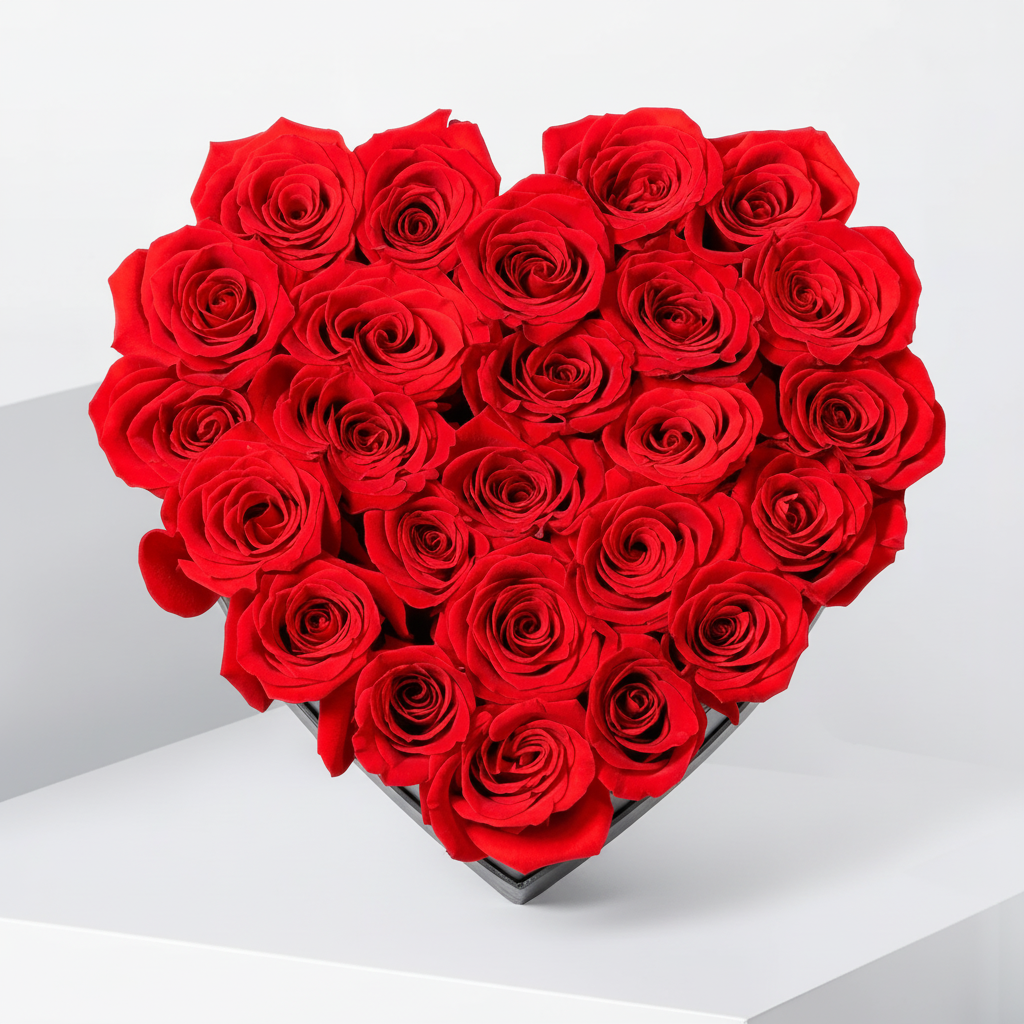 Heart-shaped arrangement of red roses with black ribbons