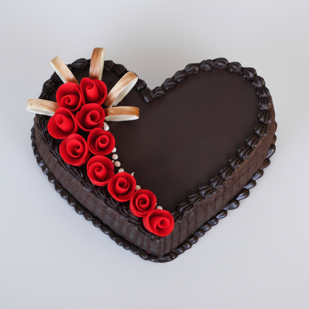 Heart-shaped chocolate cake with red roses and white ribbons on a white background