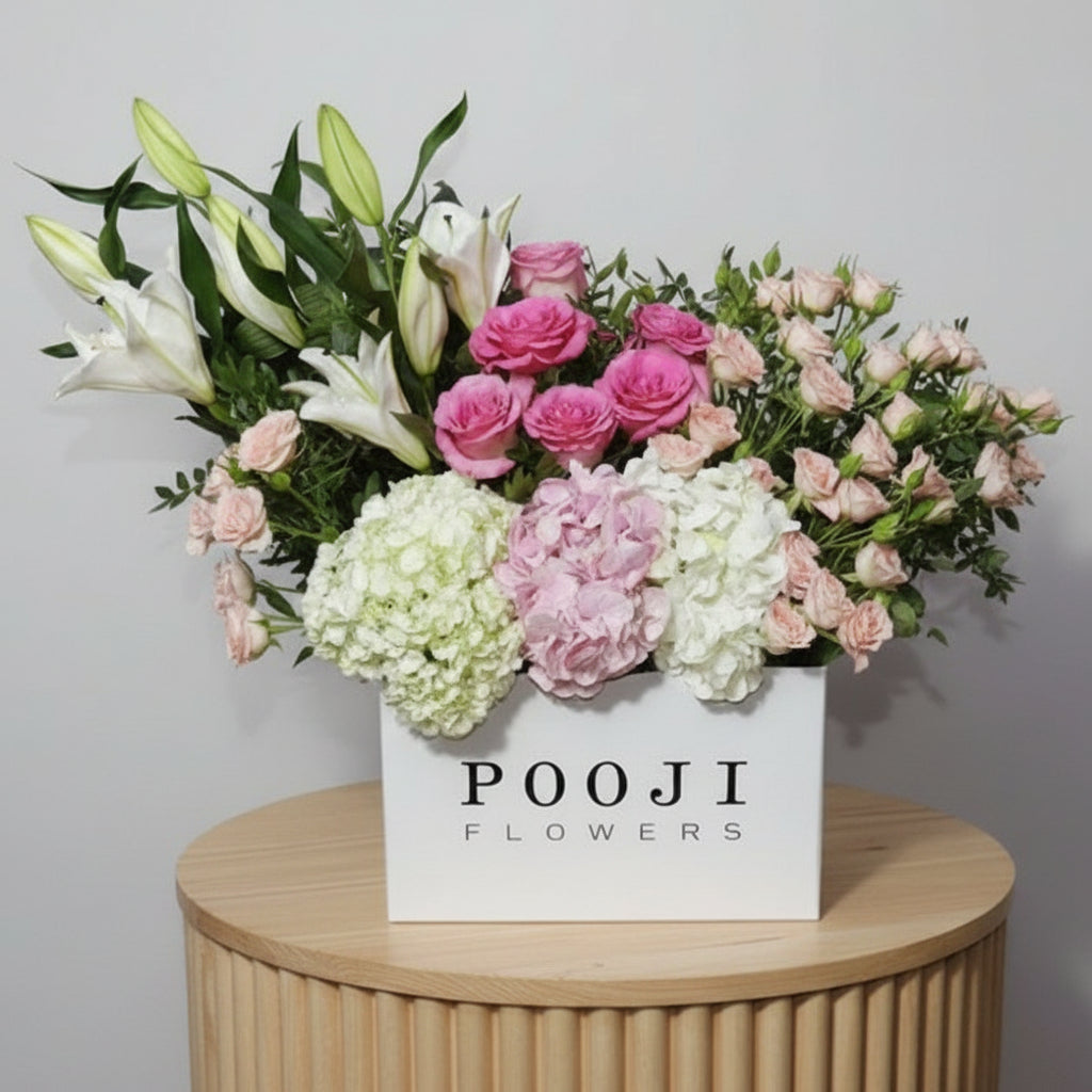 Hydrangea With Lillis and Baby Roses Mix