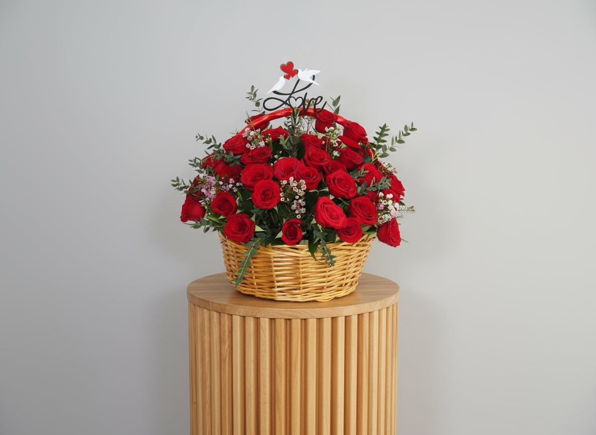 Arrangement Red Roses Basket Love Bird Stick