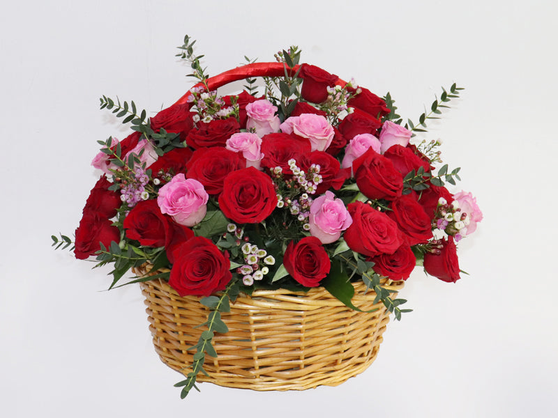 Pink Red Roses Basket Flowers With Green