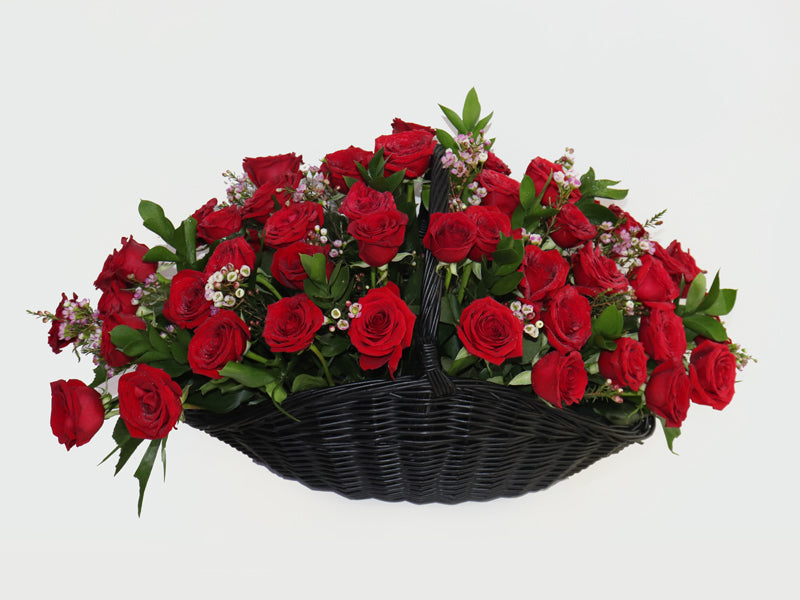 Black Basket Red Roses Arrangement