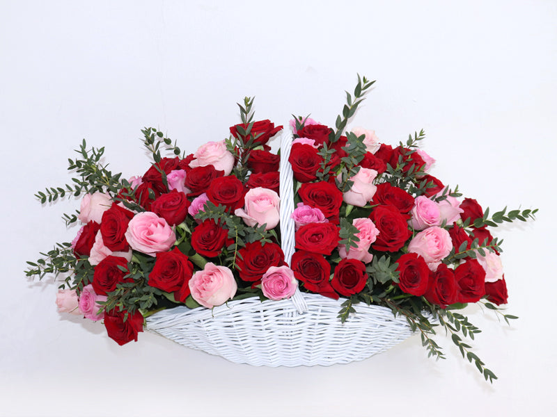 White Basket Pink And Red Arrangement Flowers