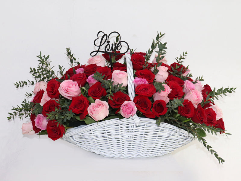 Love Arrangement White Basket Red Pink Flowers