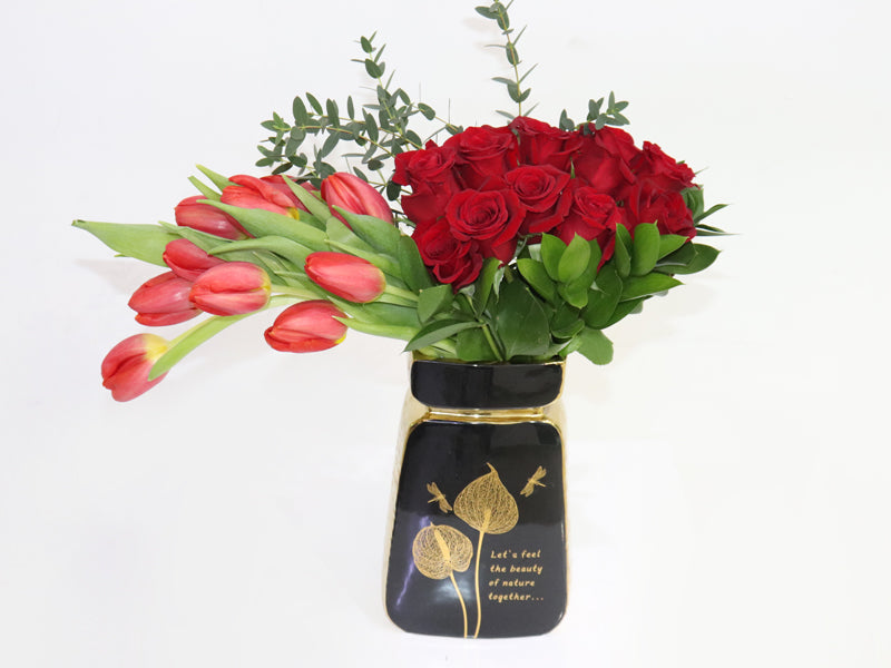 Red Rose Red Tulips Black Gold Vase