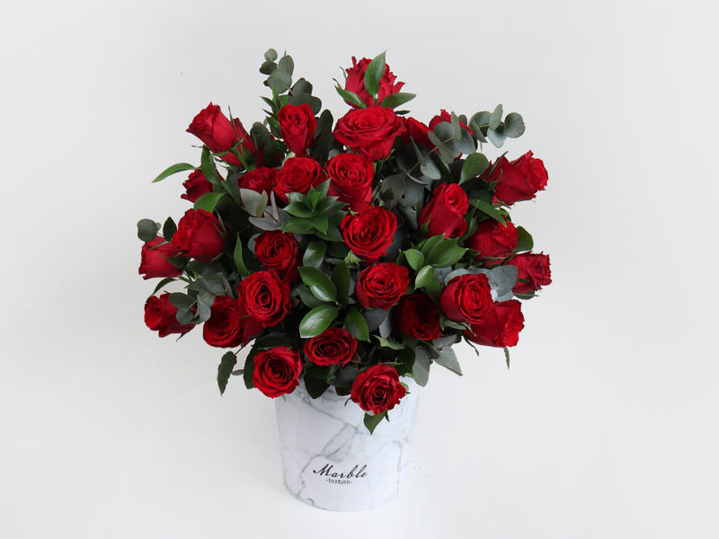 White Marble Arrangement Red Roses