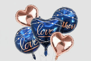 Heart-shaped balloons with 'love' and 'together' text