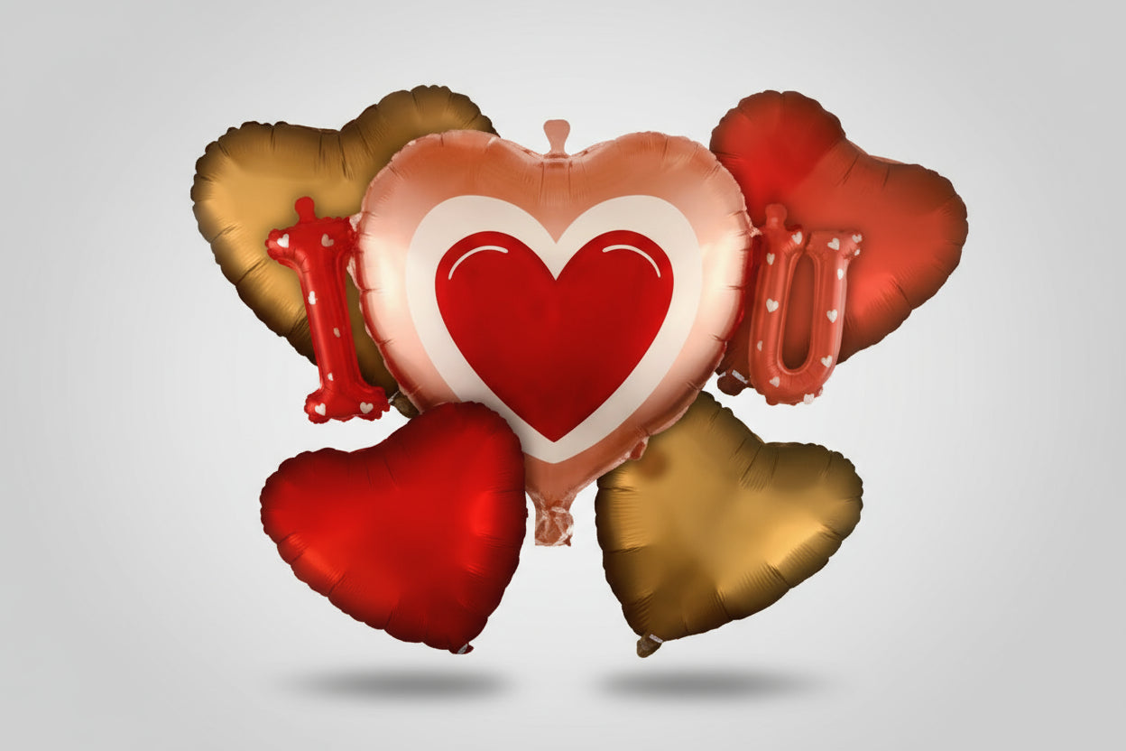 Heart-shaped balloons with 'I love you' text