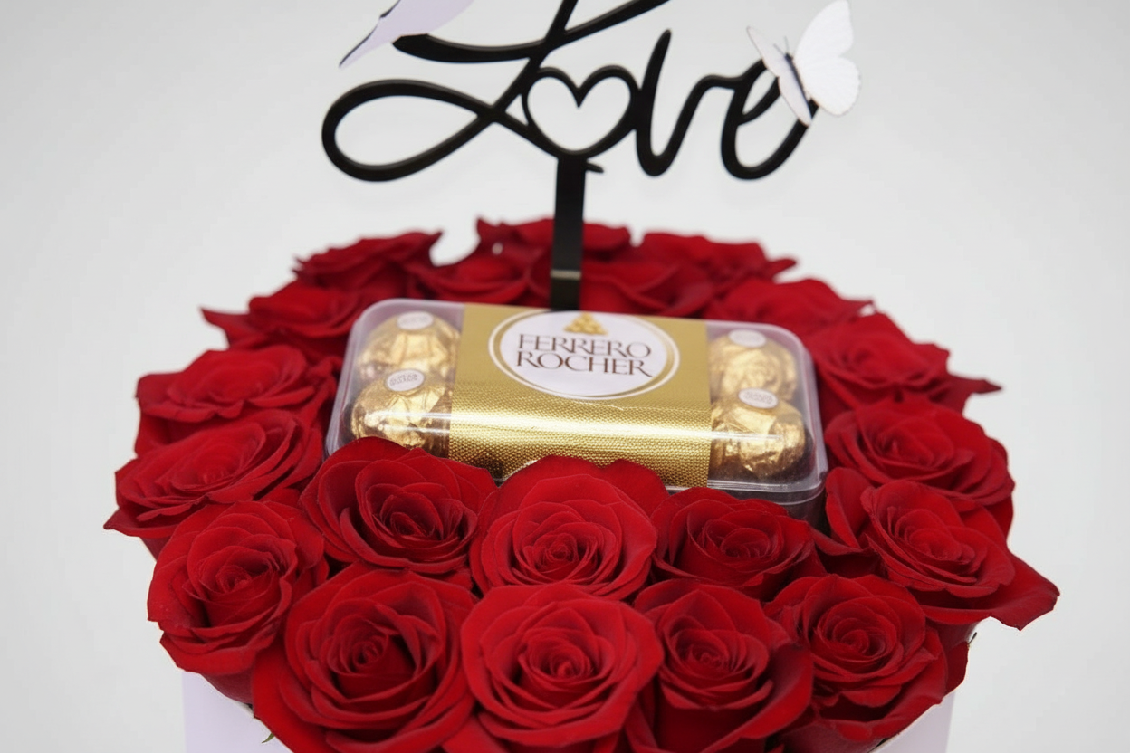 Love Red Roses Box with Ferrero Rocher Close-up of Love Rose Box