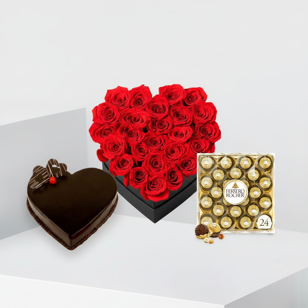 Love in Every Bite Valentine Combo - Roses, Cake & Chocolates Kuwait
