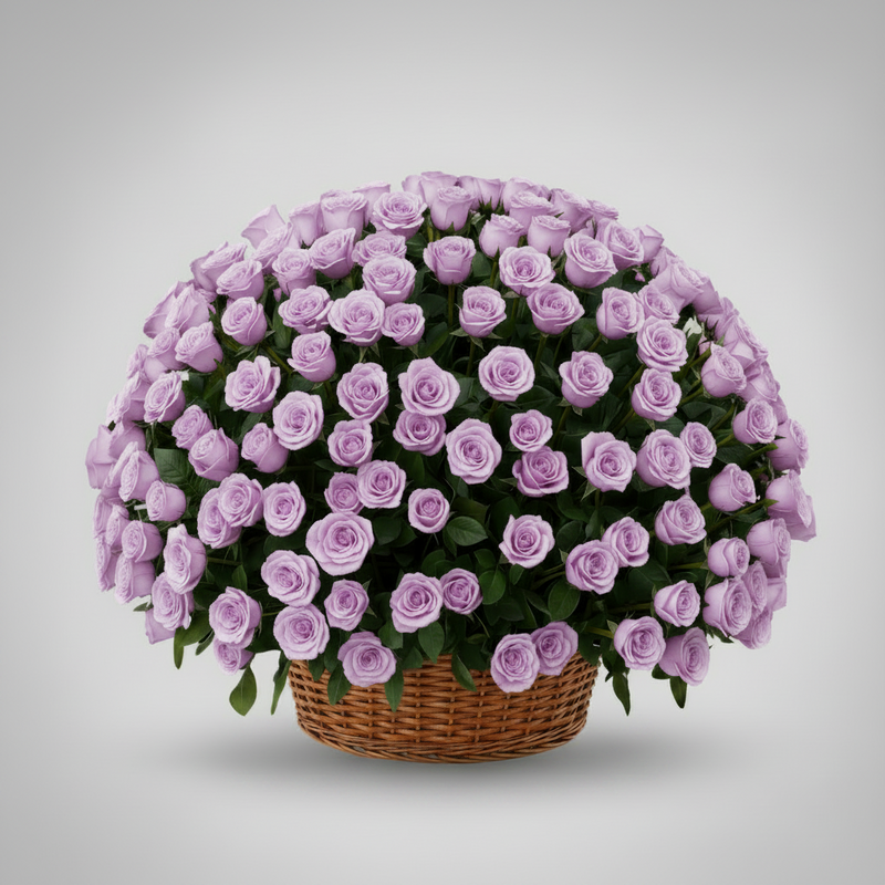 A large, spherical arrangement of light purple/lavender roses in a brown woven basket, photographed against a neutral light gray background.