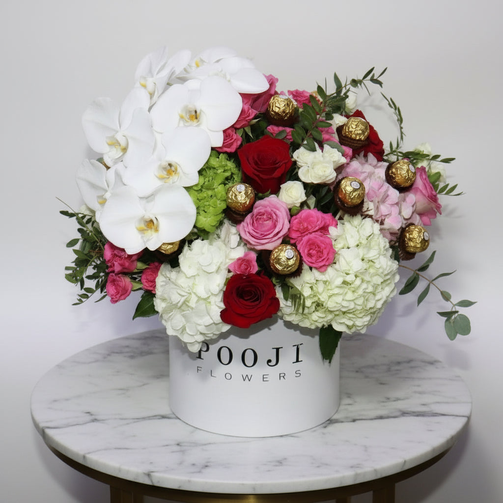 Luxury Round Box | Mixed Flowers with Roses & Orchids
