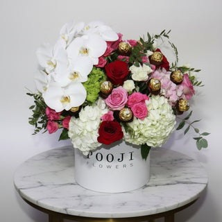 Luxury Round Box | Mixed Flowers with Roses & Orchids