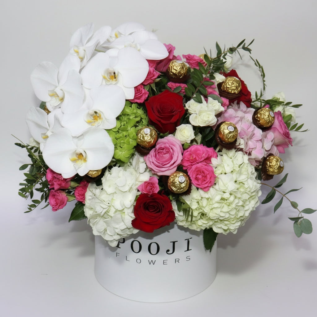 Luxury Round Box | Mixed Flowers with Roses & Orchids