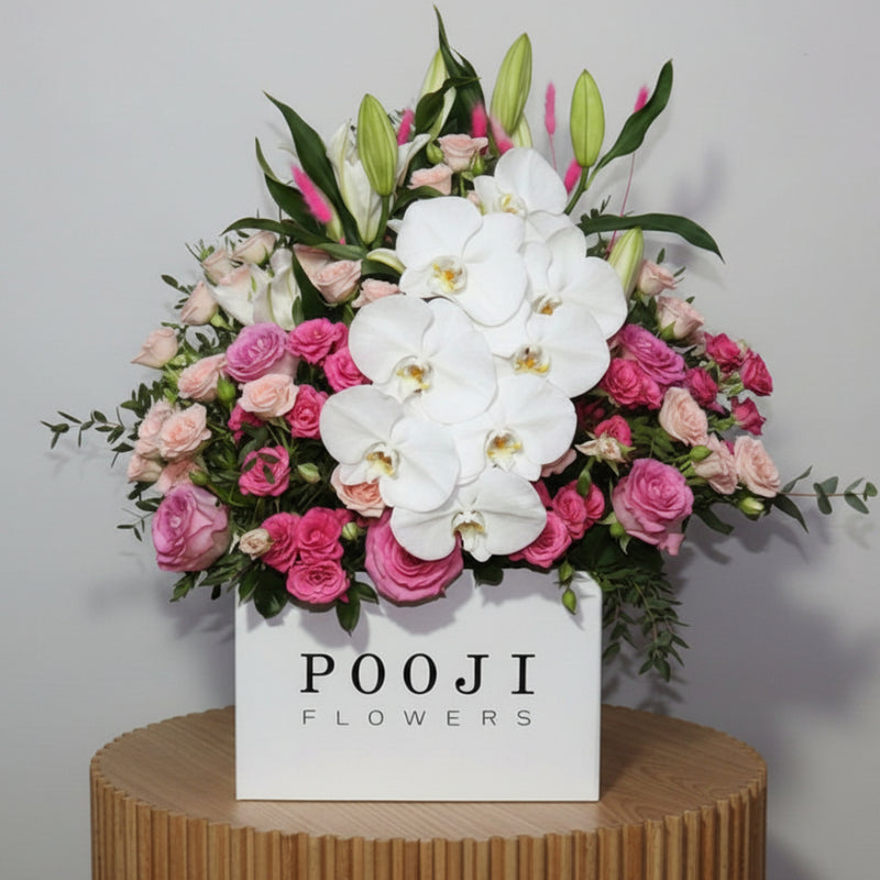 Mixed Baby Roses &amp; Orchid Square Flower Box — same-day flower delivery in Kuwait