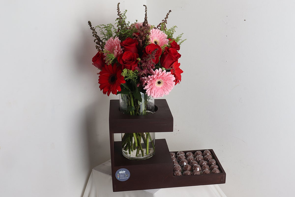 Mixed Flowers in Elegant Wood Tray - Red Roses & Pink Gerberas with Chocolates