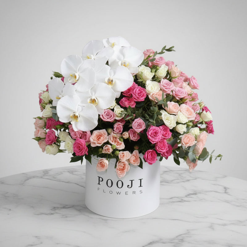 Mixed Pink Roses &amp; White Orchids Flower Box — same-day flower delivery in Kuwait