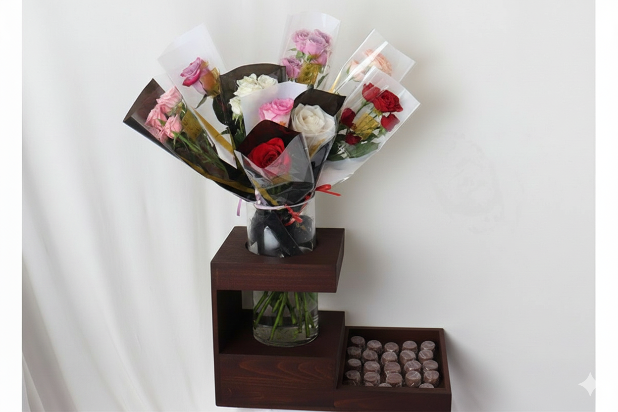 Mixed Roses Vase with Chocolates & Brown Wood Stand