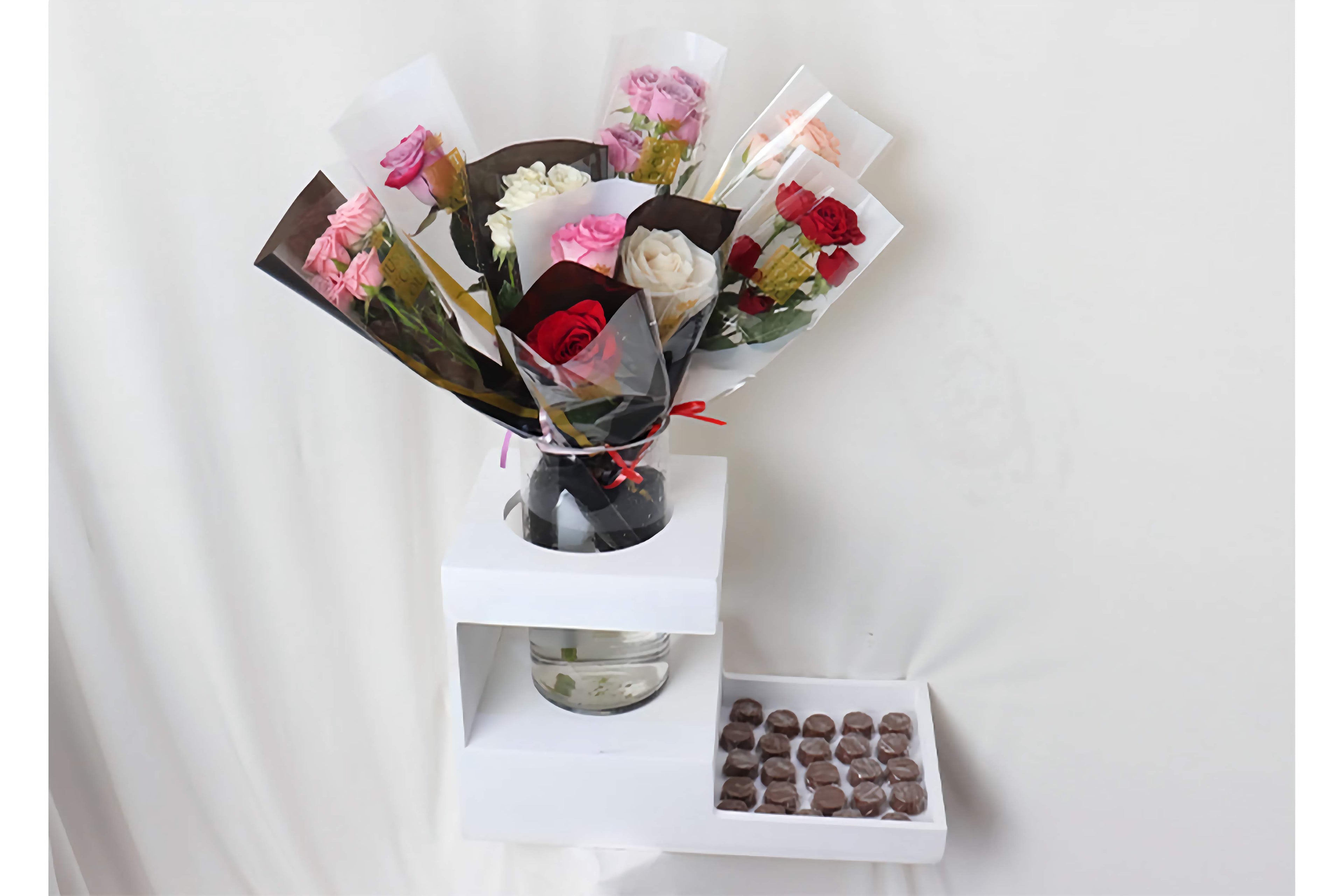 Mixed Roses Vase with Chocolates & White Wood Stand