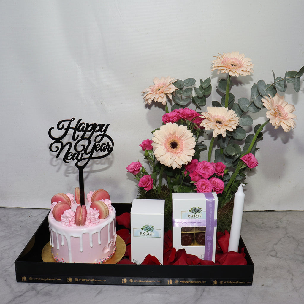 New Year Floral Tray & Celebration Cake Combo | Luxury Kuwait