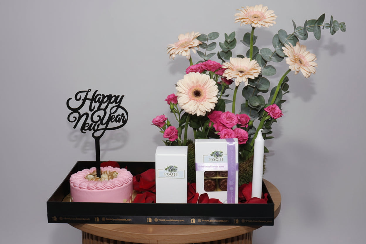 New Year Flower Tray & Cake Gift Combo | Luxury Celebration Kuwait