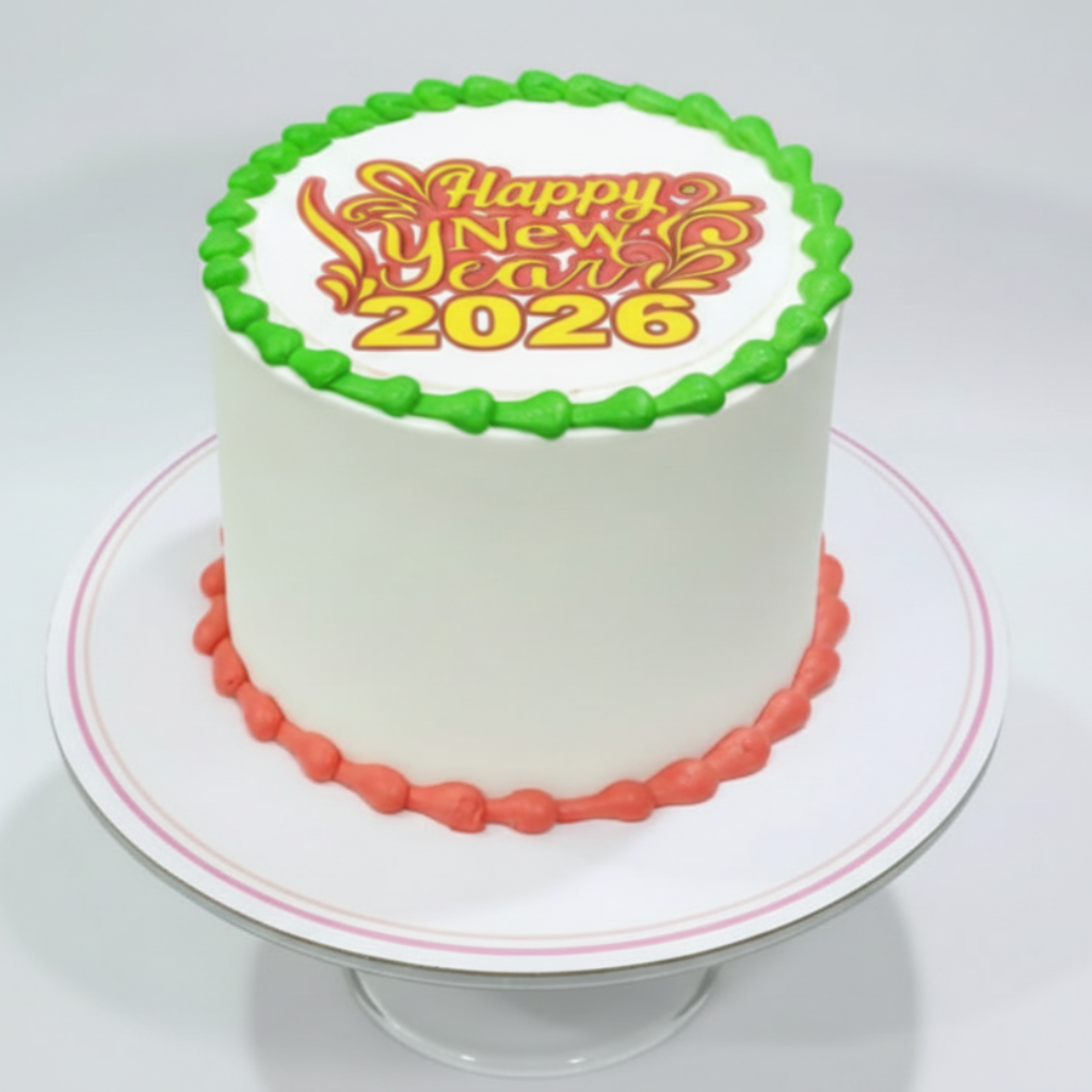 New Year's cake with 'Happy New Year 2026' text on a white background