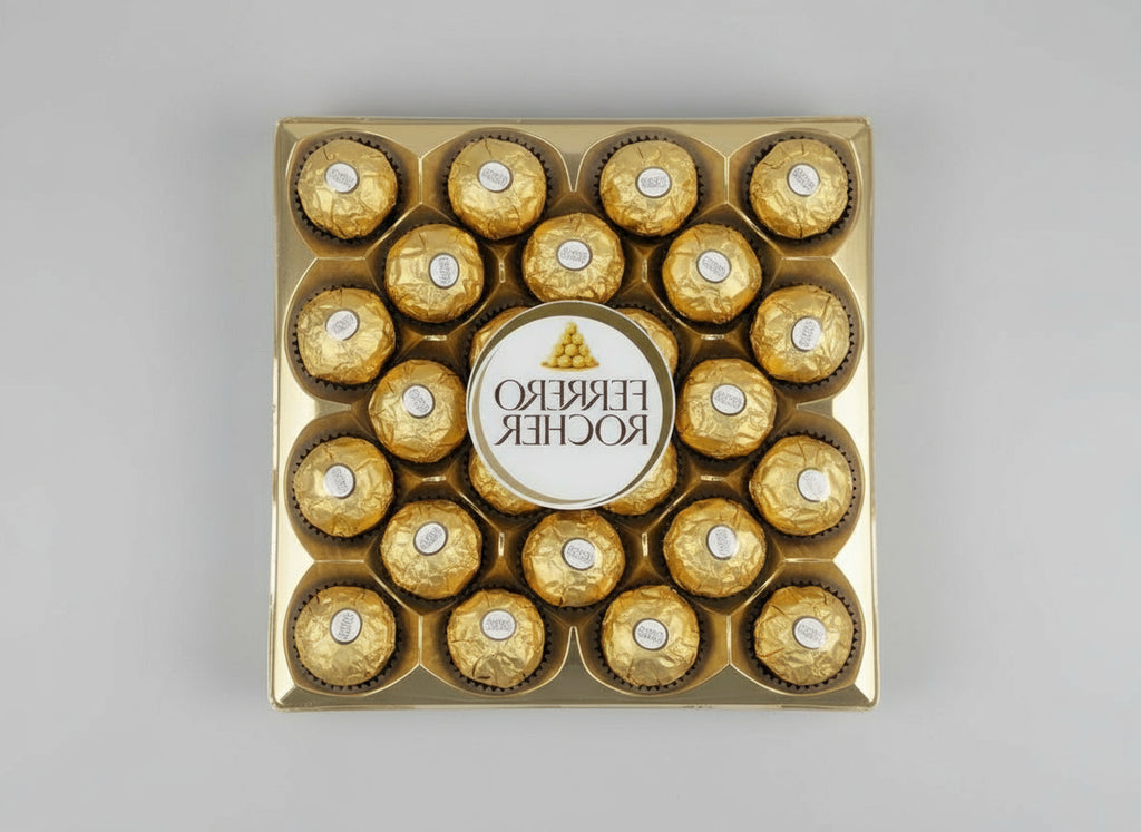 Pack of Ferrero Rocher chocolates in clear packaging