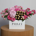 Pink Pushy Flower Box - Baby Roses & Hydrangea with Chocolates