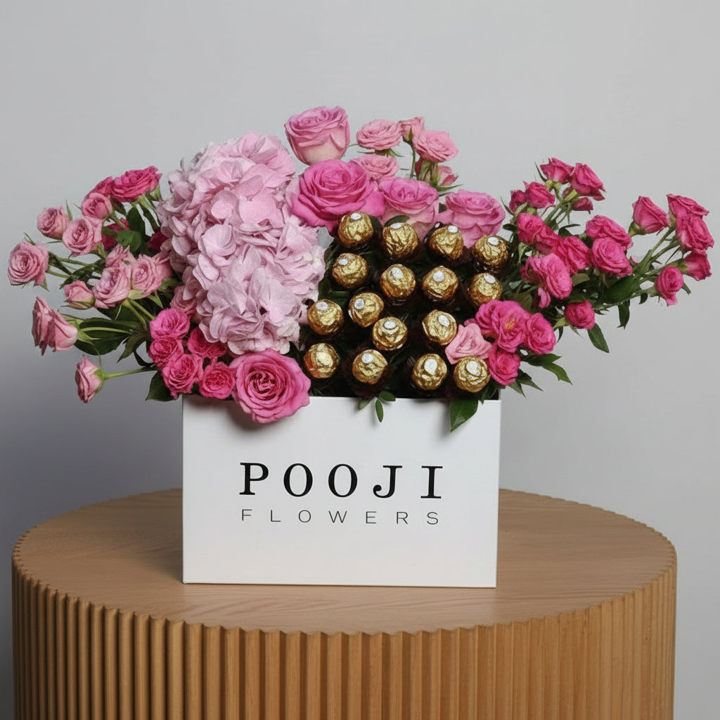 Pink Pushy Flower Box - Baby Roses & Hydrangea with Chocolates