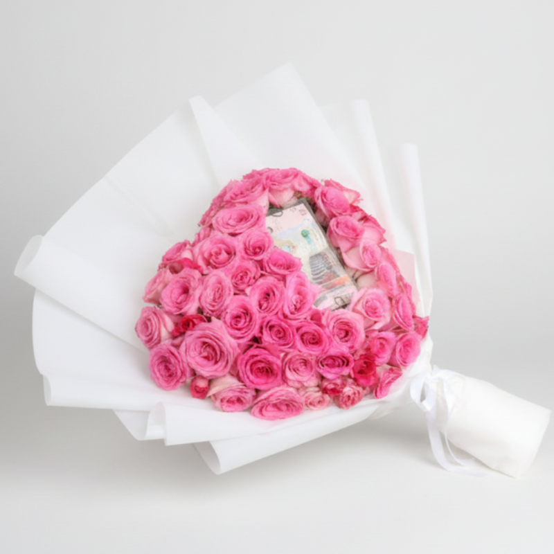 Pink Roses Heart with Money Box — same-day flower delivery in Kuwait