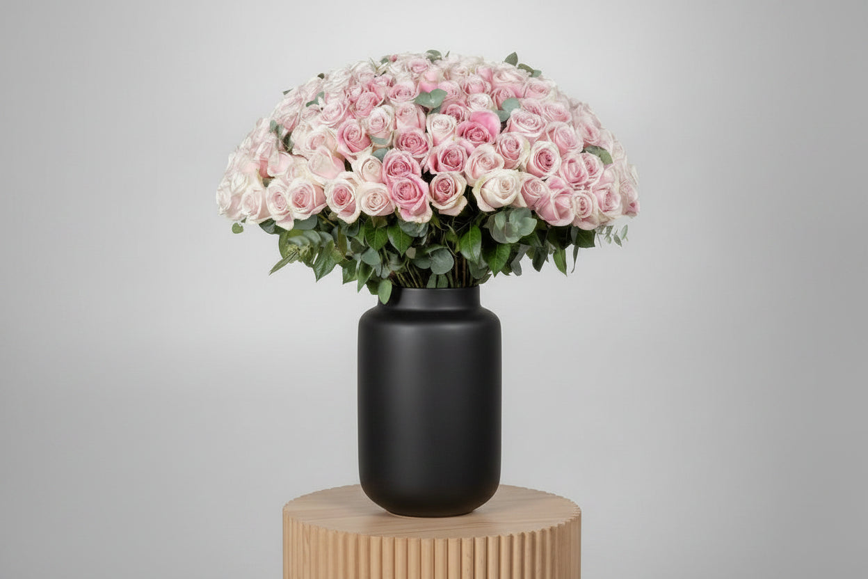 Pink Roses in Glass Vase