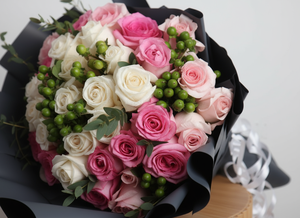 Pink White Green Hand Bouquet Close Up