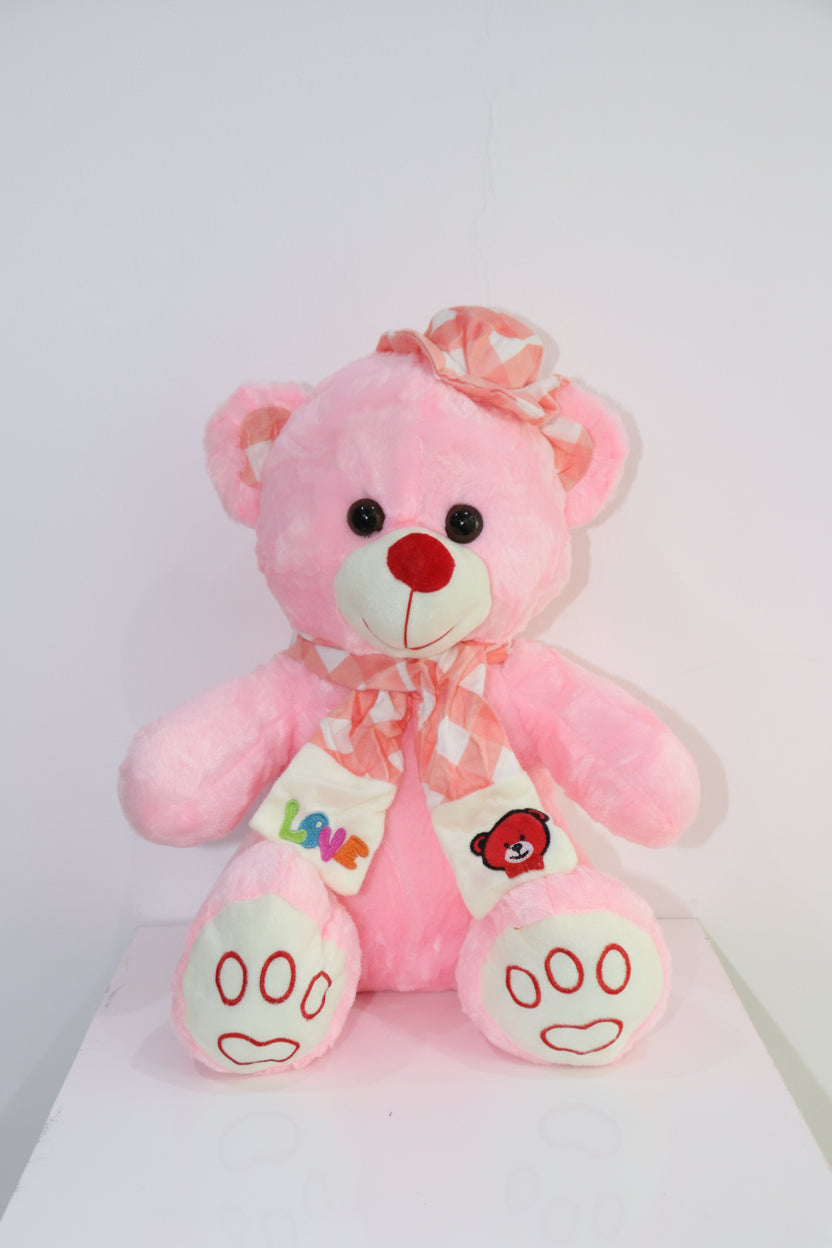 Pink teddy bear with decorative elements on a white background