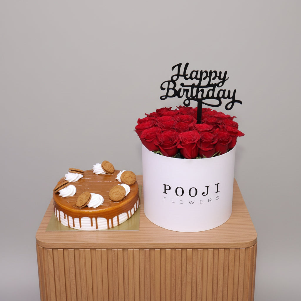 Premium Red Roses in Flower Box + Cake