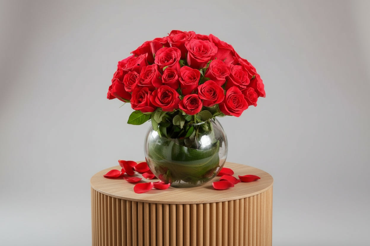 Bouquet of red roses in a clear vase on a white background