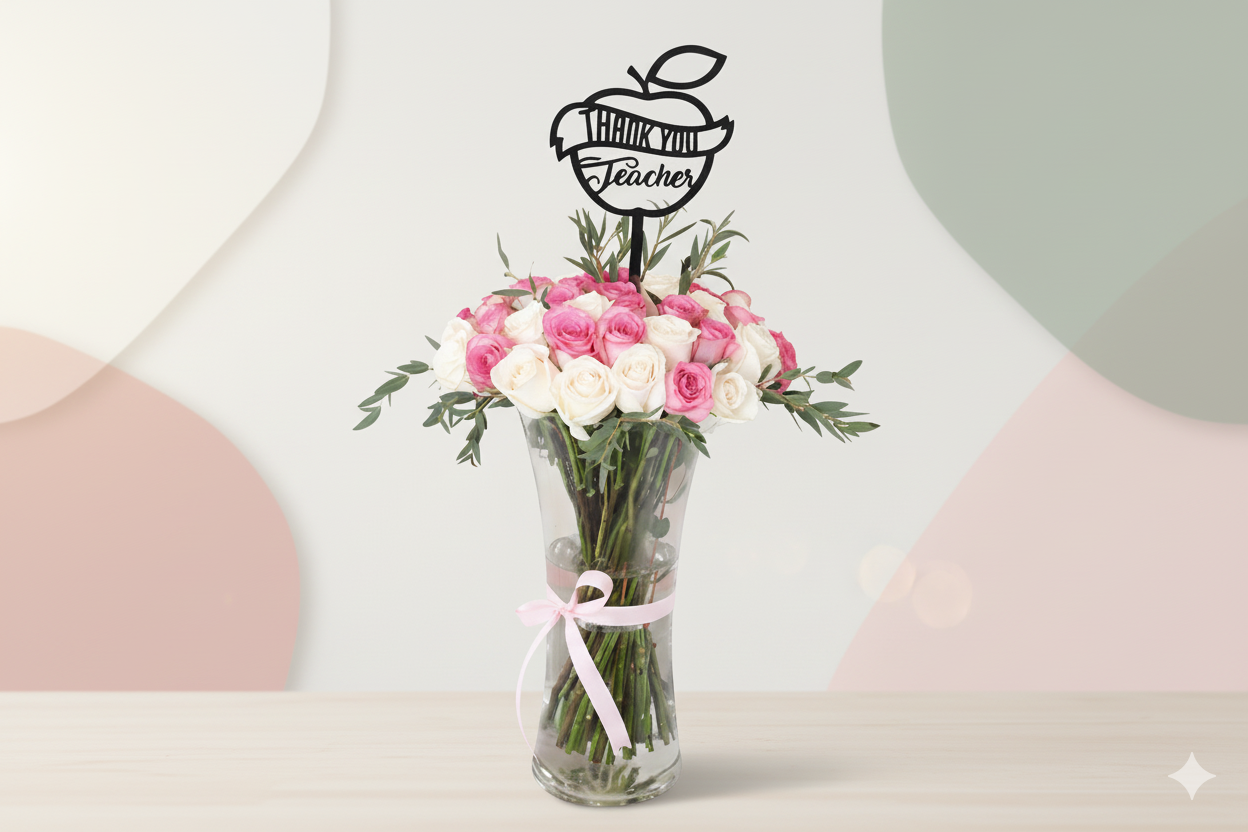 Bouquet of flowers in a vase with a 'Thank You Teacher' sign on a light background
