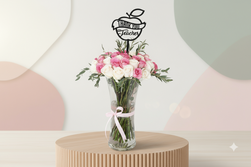 Bouquet of flowers in a vase with a 'Thank You Teacher' sign on a light background