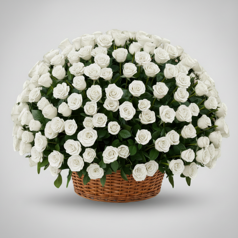 A large round floral arrangement of white roses with green leaves in a brown woven basket, centered on a light gray gradient background.