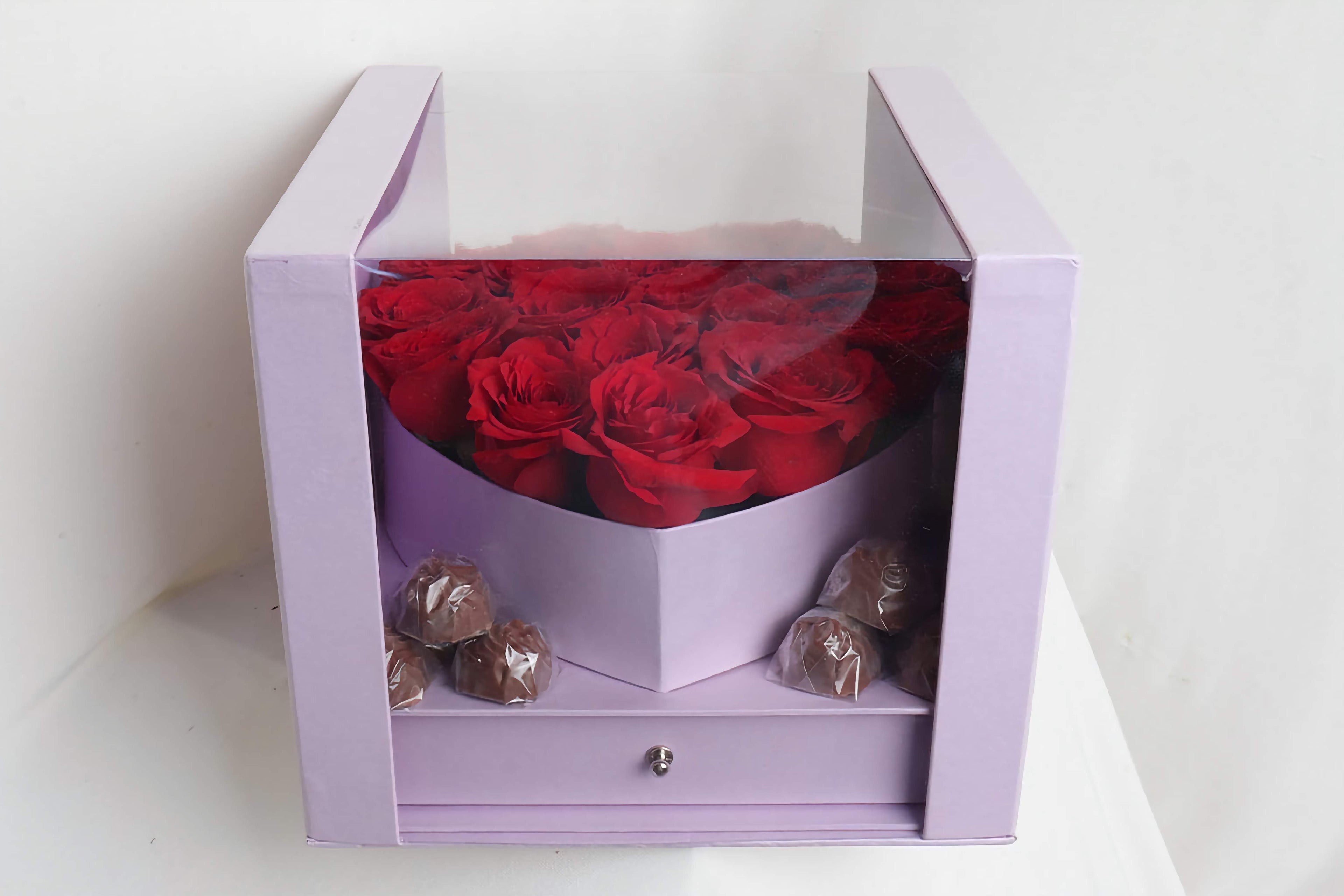 Purple Heart Box with Red Roses & Premium Chocolates