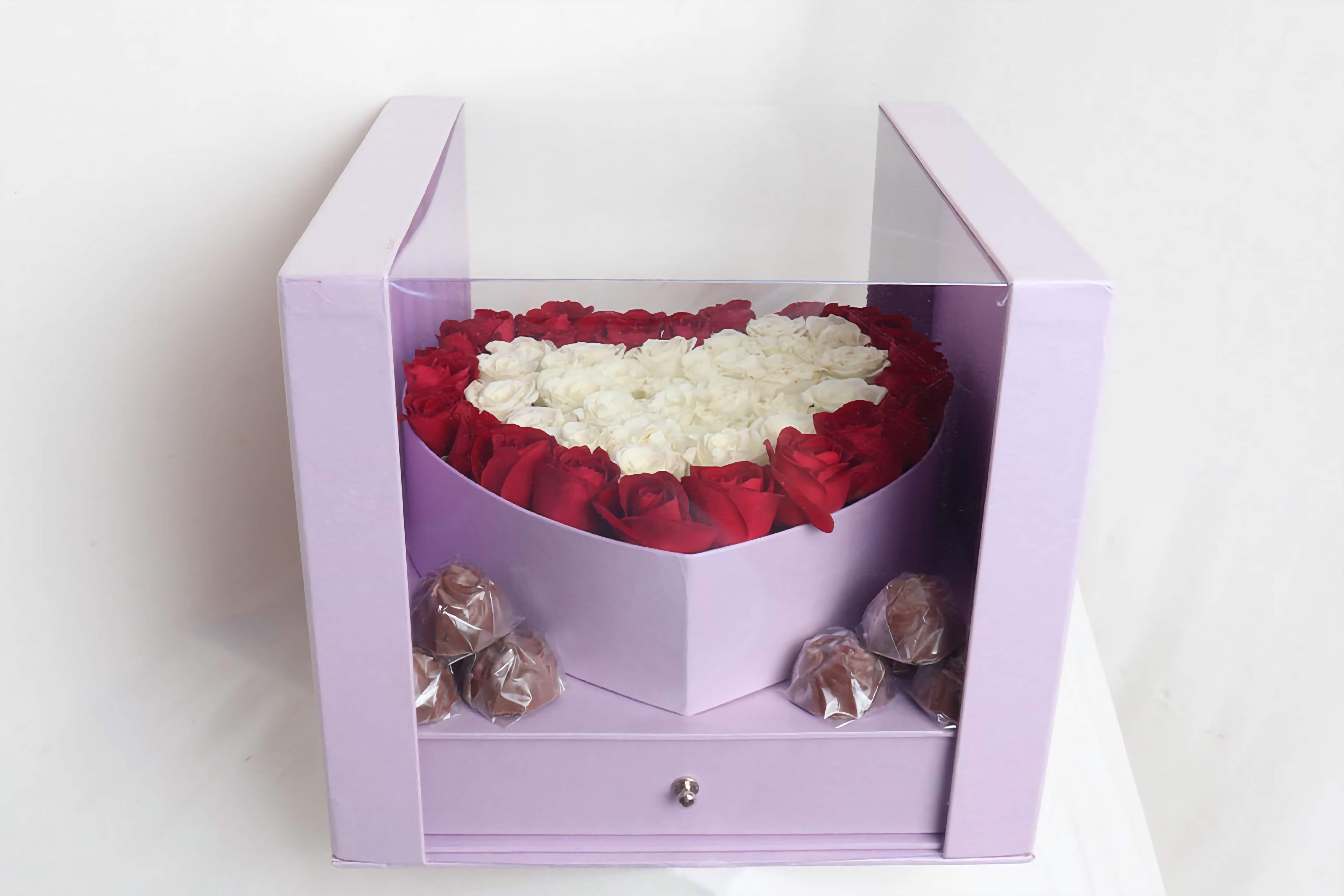 Purple Heart Box with Red & White Roses & Premium Chocolates