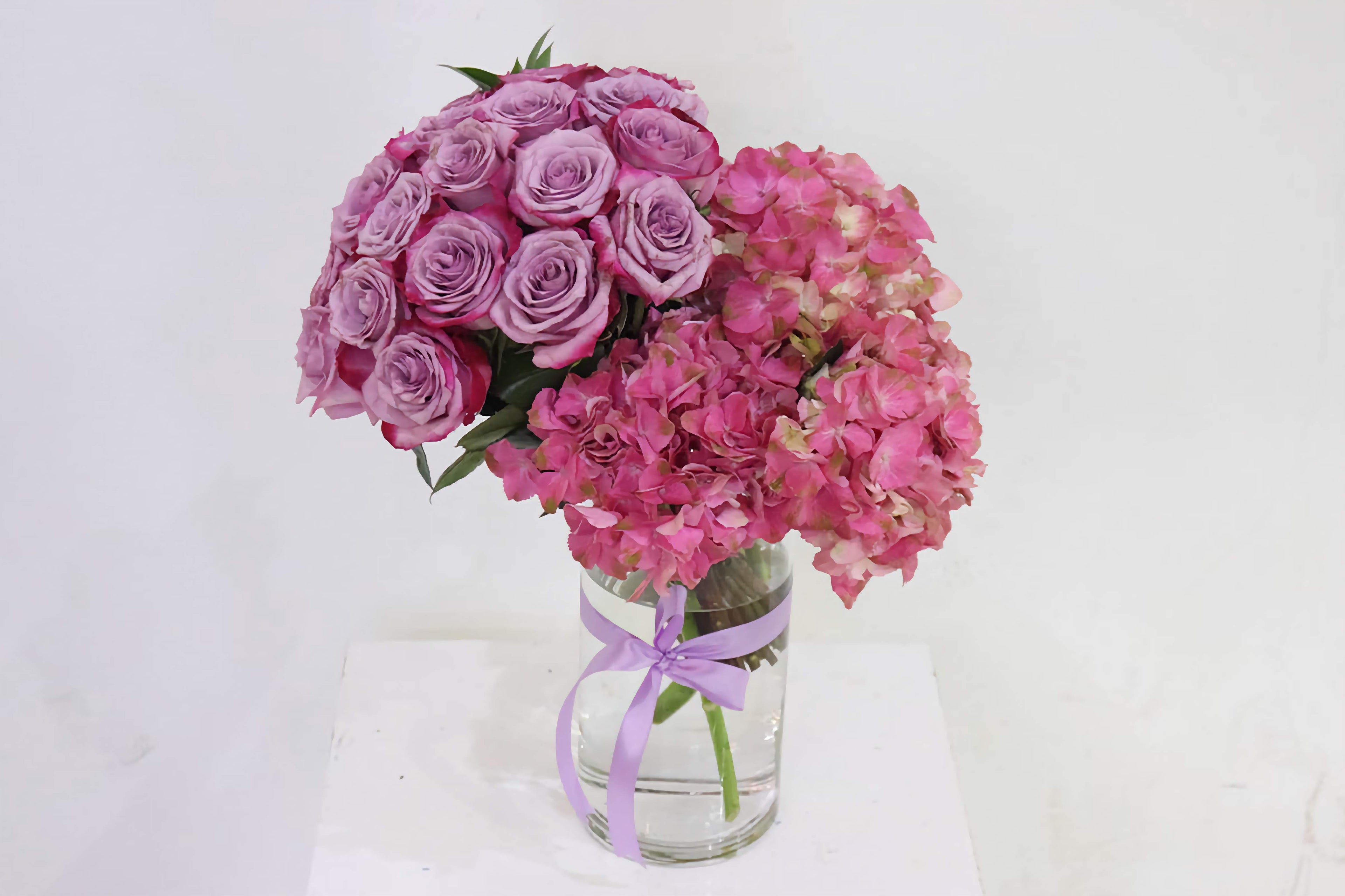 Purple Rose & Pink Hydrangea Vase