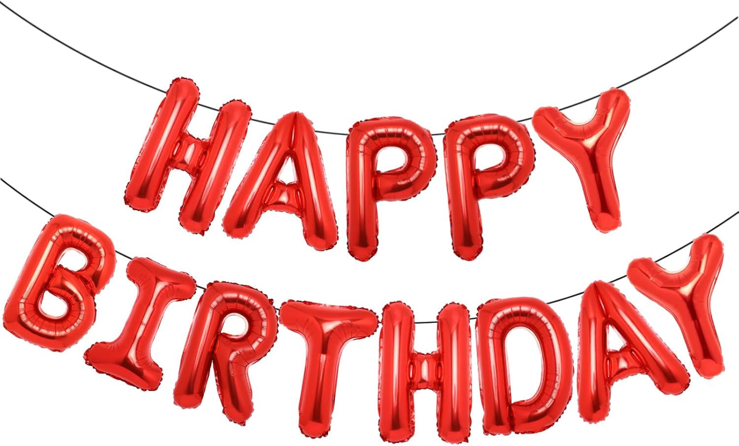 Red 'Happy Birthday' balloon banner on a white background