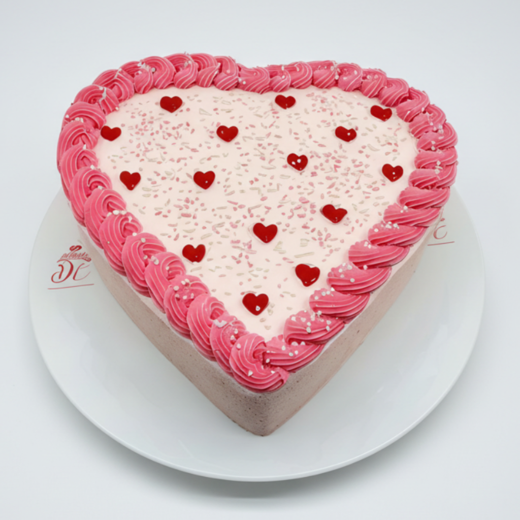 Heart-shaped cake with pink frosting and red heart decorations on a white background