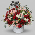 Red & Peach Roses Flower Box with Birthday Topper