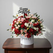 Red & Peach Roses Flower Box with Birthday Topper